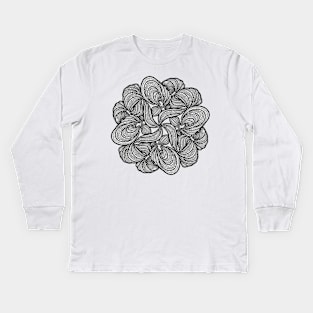 Stringy Mandala - Intricate Black and White Digital Illustration - Vibrant and Eye-catching Design for printing on t-shirts, wall art, pillows, phone cases, mugs, tote bags, notebooks and more Kids Long Sleeve T-Shirt